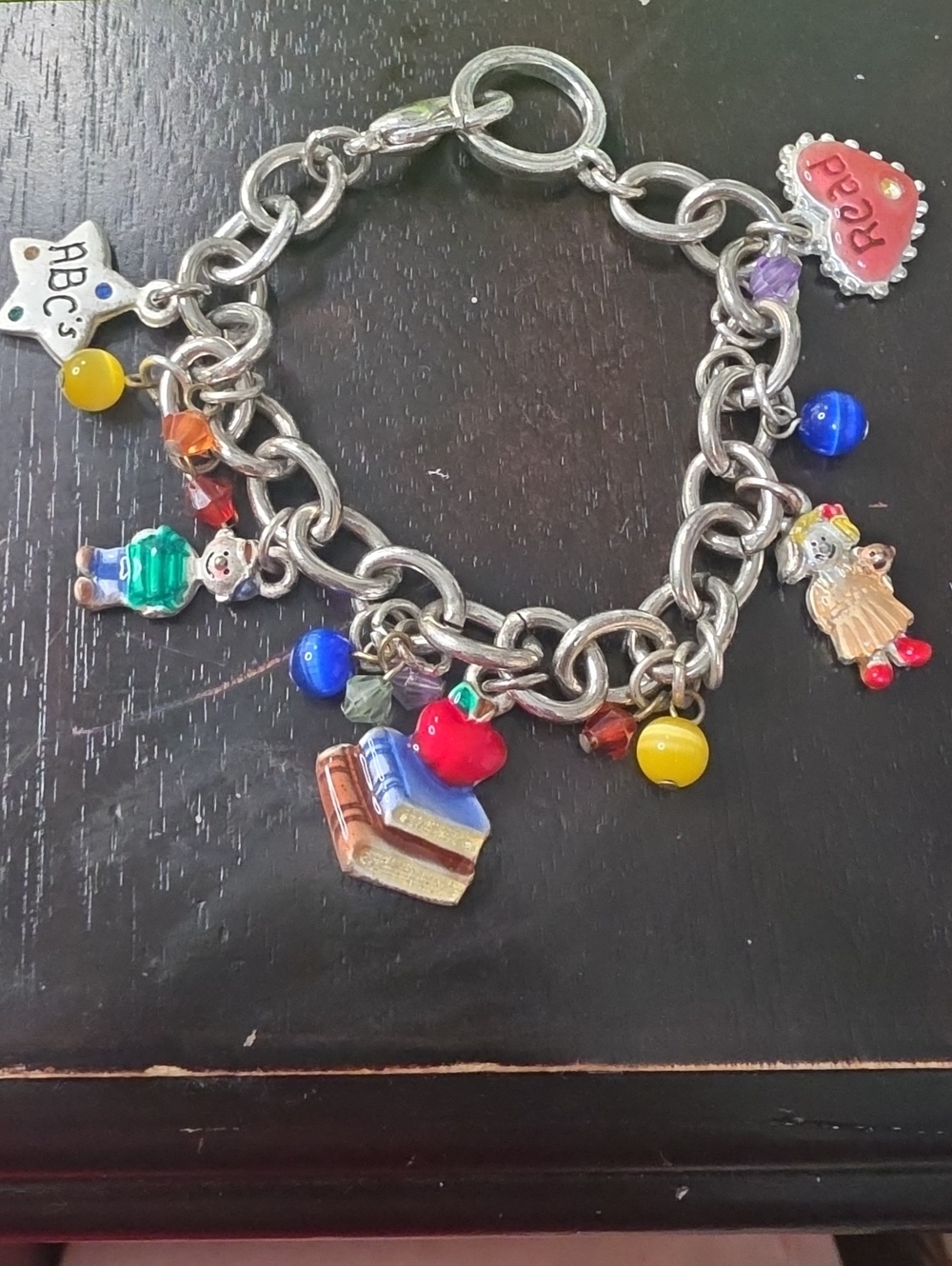 School Charm Bracelet for Kids with Red Apple and Multicolor Beads